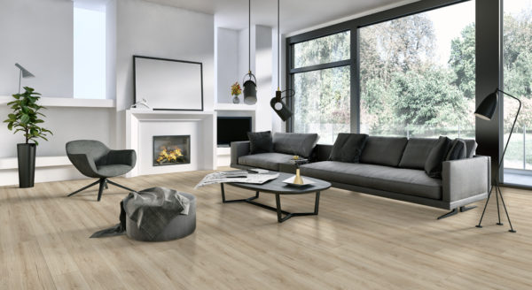 Eastern Laminate Vista Plus Wood Laminate Room Scene With Dolomite Swatch On It